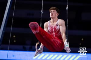 Nebraska Cornhusker Max Odden performs on the rings during the Big Ten Men's Gymnastics Team Championship on Friday, April 3, 2026, in Lincoln. Photo by John S. Peterson.