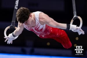 Nebraska Cornhusker Sam Rakita performs on the rings during the Big Ten Men's Gymnastics Team Championship on Friday, April 3, 2026, in Lincoln. Photo by John S. Peterson.
