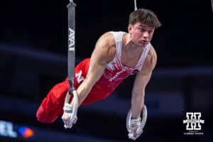 Nebraska Cornhusker Ty Roderiques performs on the rings during the Big Ten Men's Gymnastics Team Championship on Friday, April 3, 2026, in Lincoln. Photo by John S. Peterson.