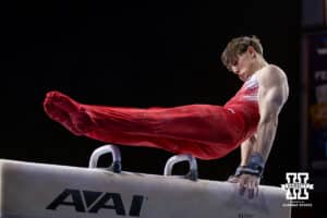 Nebraska Cornhusker Nathan York performs on the pommel horse during the Big Ten Men's Gymnastics Team Championship on Friday, April 3, 2026, in Lincoln. Photo by John S. Peterson.