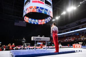 Nebraska Cornhusker Nathan York waits for the judges to let him know when he can start his performance on the pommel horse during the Big Ten Men's Gymnastics Team Championship on Friday, April 3, 2026, in Lincoln. Photo by John S. Peterson.