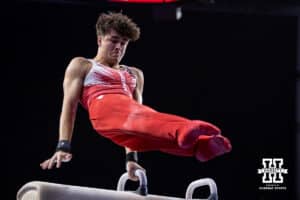 Nebraska Cornhusker Nik Tarca performs on the pommel horse during the Big Ten Men's Gymnastics Team Championship on Friday, April 3, 2026, in Lincoln. Photo by John S. Peterson.