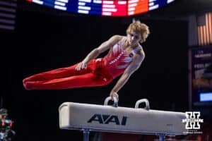 Nebraska Cornhusker Caden Clinton performs on the pommel horse during the Big Ten Men's Gymnastics Team Championship on Friday, April 3, 2026, in Lincoln. Photo by John S. Peterson.