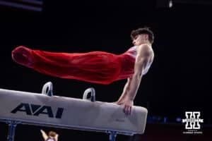 Nebraska Cornhusker Wyatt Renolds performs on the pommel horse during the Big Ten Men's Gymnastics Team Championship on Friday, April 3, 2026, in Lincoln. Photo by John S. Peterson.