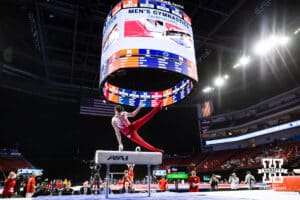 Nebraska Cornhusker Wyatt Renolds performs on the pommel horse during the Big Ten Men's Gymnastics Team Championship on Friday, April 3, 2026, in Lincoln. Photo by John S. Peterson.