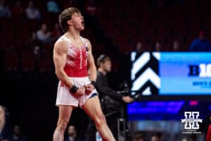 Nebraska Cornhusker Chase Mondi celebrates his performance on the floor during the Big Ten Men's Gymnastics Team Championship on Friday, April 3, 2026, in Lincoln. Photo by John S. Peterson.