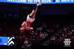Nebraska Cornhusker Nathan York performs on the floor during the Big Ten Men's Gymnastics Team Championship on Friday, April 3, 2026, in Lincoln. Photo by John S. Peterson.