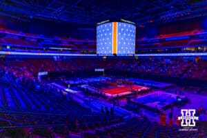 The National Anthem being performed with all the teams lined up on the floor during the Big Ten Men's Gymnastics Team Championship on Friday, April 3, 2026, in Lincoln. Photo by John S. Peterson.