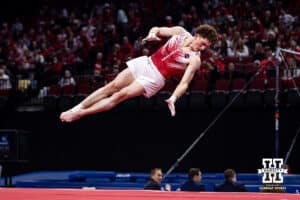Nebraska Cornhusker Max Oden performs on the floor during the Big Ten Men's Gymnastics Team Championship on Friday, April 3, 2026, in Lincoln. Photo by John S. Peterson.