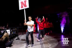Nebraska Cornhusker are introduced to the fans during the Big Ten Men's Gymnastics Team Championship on Friday, April 3, 2026, in Lincoln. Photo by John S. Peterson.