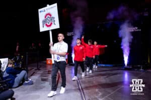 The Ohio State Buckeyes are introduced to the fans during the Big Ten Men's Gymnastics Team Championship on Friday, April 3, 2026, in Lincoln. Photo by John S. Peterson.