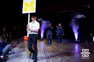 The Michigan Wolverines are introduced to the fans during the Big Ten Men's Gymnastics Team Championship on Friday, April 3, 2026, in Lincoln. Photo by John S. Peterson.