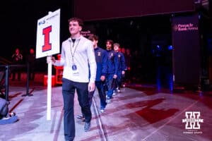 The Fighting Illini are introduced to the fans during the Big Ten Men's Gymnastics Team Championship on Friday, April 3, 2026, in Lincoln. Photo by John S. Peterson.