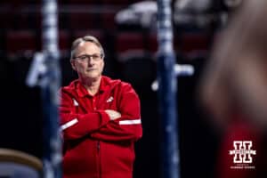 Nebraska Cornhusker Max Odden warms up on the bars during the Big Ten Men's Gymnastics Team Championship on Friday, April 3, 2026, in Lincoln. Photo by John S. Peterson.
