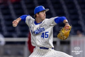 Creighton Bluejay pitcher Matt Goldenbaum (45) throws a pitch against the Nebraska Cornhuskers in the ninth inning during a college baseball game on Tuesday, March 31, 2026, in Omaha. Photo by John S. Peterson.