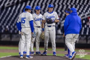 Creighton Bluejay pitcher Jimmy Burke (31) is relived by Matt Goldenbaum in the ninth inning against the Nebraska Cornhuskers during a college baseball game on Tuesday, March 31, 2026, in Omaha. Photo by John S. Peterson.