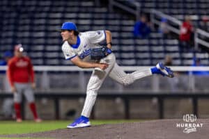 Creighton Bluejay pitcher Jimmy Burke (31) throws a pitch against the Nebraska Cornhuskers in the ninth inning during a college baseball game on Tuesday, March 31, 2026, in Omaha. Photo by John S. Peterson.