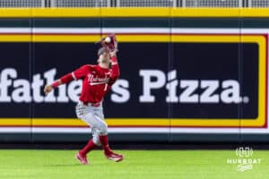 Nebraska Cornhusker outfielder Jett Buck (1) makes a catch for an out against the Creighton Bluejays in the eighth inning during a college baseball game on Tuesday, March 31, 2026, in Omaha. Photo by John S. Peterson.