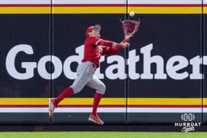 Nebraska Cornhusker outfielder Jett Buck (1) makes a catch for an out against the Creighton Bluejays in the seventh inning during a college baseball game on Tuesday, March 31, 2026, in Omaha. Photo by John S. Peterson.