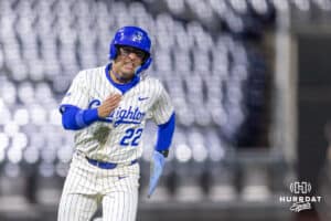 Creighton Bluejay base runner Chris Baillargeon (22) rounds third base to score a run against the Nebraska Cornhuskers in the sixth inning during a college baseball game on Tuesday, March 31, 2026, in Omaha. Photo by John S. Peterson.