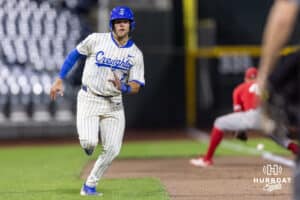 Creighton Bluejay Connor Capece (2) scores a run against the Nebraska Cornhuskers in the sixth inning during a college baseball game on Tuesday, March 31, 2026, in Omaha. Photo by John S. Peterson.