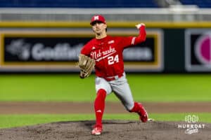 Nebraska Cornhusker pitcher Caleb Clark (24) throws a pitch in the fifth inning against the Creighton Bluejays during a college baseball game on Tuesday, March 31, 2026, in Omaha. Photo by John S. Peterson.