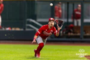 Nebraska Cornhusker outfielder Drew Grego (10) makes an out against the Creighton Bluejays in the fifth inning during a college baseball game on Tuesday, March 31, 2026, in Omaha. Photo by John S. Peterson.