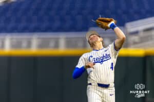 Creighton Bluejay outfielder Teddy Deters (4) makes a catch for an out against the Nebraska Cornhuskers the fifth inning during a college baseball game on Tuesday, March 31, 2026, in Omaha. Photo by John S. Peterson.
