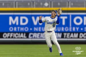 Creighton Bluejay outfielder Isaac Wachsmann (6) makes a catch for an out against the Nebraska Cornhuskers in the fifth inning during a college baseball game on Tuesday, March 31, 2026, in Omaha. Photo by John S. Peterson.