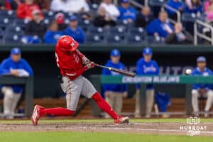 Nebraska Cornhusker catcher Jeter Worthley (0) hits a double to start the fifth inning against the Creighton Bluejays during a college baseball game on Tuesday, March 31, 2026, in Omaha. Photo by John S. Peterson.