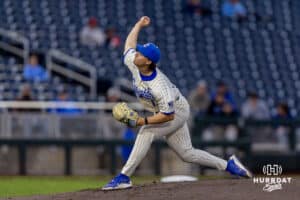 Nebraska Cornhusker pitcher Gavin Blachowicz (50) gets five from catcher Jeter Worthley (0) finishing the third inning against the Creighton Bluejays during a college baseball game on Tuesday, March 31, 2026, in Omaha. Photo by John S. Peterson.