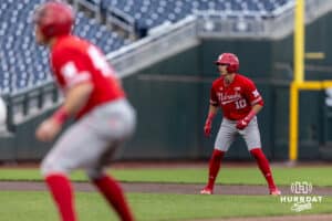 Nebraska Cornhusker outfielder Drew Grego (10) leads off second base and Josh Overbeek leads off first against the Creighton Bluejays in the second inning during a college baseball game on Tuesday, March 31, 2026, in Omaha. Photo by John S. Peterson.