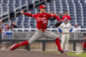 Nebraska Cornhusker pitcher Gavin Blachowicz (50) throws a pitch in the first inning against the Creighton Bluejays during a college baseball game on Tuesday, March 31, 2026, in Omaha. Photo by John S. Peterson.