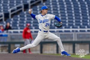 Creighton Bluejay pitcher Ian Koosman (24) throws a pitch against the Nebraska Cornhuskers in the first inning during a college baseball game on Tuesday, March 31, 2026, in Omaha. Photo by John S. Peterson.
