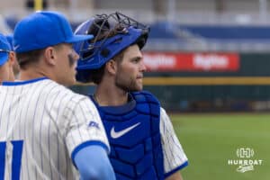 Creighton Bluejay catcher Connor Capece (2) waiting for the game to start against the Nebraska Cornhuskers during a college baseball game on Tuesday, March 31, 2026, in Omaha. Photo by John S. Peterson.