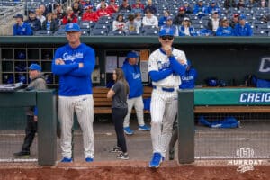 Creighton Bluejay head coach Mark Kingston (left) and assistant Mike Current waiting for the game to get started against the Nebraska Cornhuskers during a college baseball game on Tuesday, March 31, 2026, in Omaha. Photo by John S. Peterson.