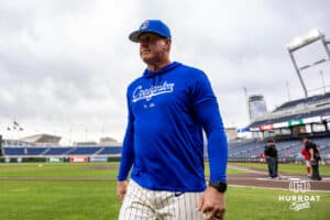 Creighton Bluejay head coach Mark Kingston walks to the dugout before taking on the Nebraska Cornhuskers during a college baseball game on Tuesday, March 31, 2026, in Omaha. Photo by John S. Peterson.