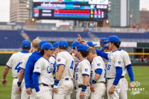 Creighton Bluejays huddle up before taking on the Nebraska Cornhuskers during a college baseball game on Tuesday, March 31, 2026, in Omaha. Photo by John S. Peterson.