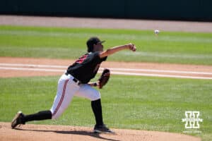 Nebraska Cornhusker Gavin Blachowicz (50) pitches during a regional baseball game against Arizona State on May 31, 2026, in Lincoln, Nebraska. Photo by Brandon Tiedemann.