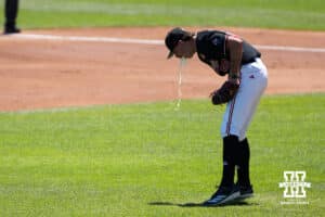 Nebraska Cornhusker Gavin Blachowicz (50) pukes during a regional baseball game against Arizona State on May 31, 2026, in Lincoln, Nebraska. Photo by Brandon Tiedemann.