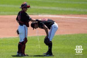 Nebraska Cornhusker Gavin Blachowicz (50) pukes during a regional baseball game against Arizona State on May 31, 2026, in Lincoln, Nebraska. Photo by Brandon Tiedemann.