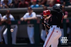 Nebraska Cornhusker Jett Buck (1) hits during a regional baseball game against Arizona State on May 31, 2026, in Lincoln, Nebraska. Photo by Brandon Tiedemann.