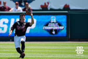Nebraska Cornhusker Drew Grego (10) catches a fly ball during a regional baseball game against Arizona State on May 31, 2026, in Lincoln, Nebraska. Photo by Brandon Tiedemann.