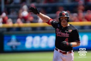 Nebraska Cornhusker Joshua Overbeek (4) celebrates his home run during a regional baseball game against Arizona State on May 31, 2026, in Lincoln, Nebraska. Photo by Brandon Tiedemann.