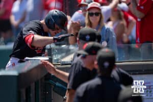Nebraska Cornhusker Joshua Overbeek (4) cheers during a regional baseball game against Arizona State on May 31, 2026, in Lincoln, Nebraska. Photo by Brandon Tiedemann.