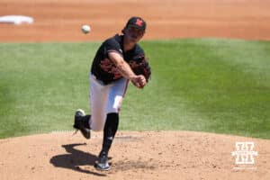 Nebraska Cornhusker Gavin Blachowicz (50) pitches during a regional baseball game against Arizona State on May 31, 2026, in Lincoln, Nebraska. Photo by Brandon Tiedemann.