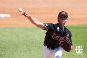 Nebraska Cornhusker Gavin Blachowicz (50) pitches during a regional baseball game against Arizona State on May 31, 2026, in Lincoln, Nebraska. Photo by Brandon Tiedemann.