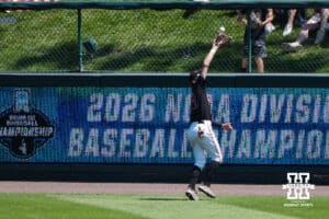 Nebraska Cornhusker Mac Moyer (17) catches a fly ball during a regional baseball game against Arizona State on May 31, 2026, in Lincoln, Nebraska. Photo by Brandon Tiedemann.