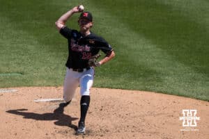 Nebraska Cornhusker Cooper Katskee (19) warms up during a regional baseball game against Arizona State on May 31, 2026, in Lincoln, Nebraska. Photo by Brandon Tiedemann.