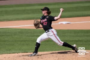 Nebraska Cornhusker Colin Nowaczyk (47) pitches during a regional baseball game against Arizona State on May 31, 2026, in Lincoln, Nebraska. Photo by Brandon Tiedemann.